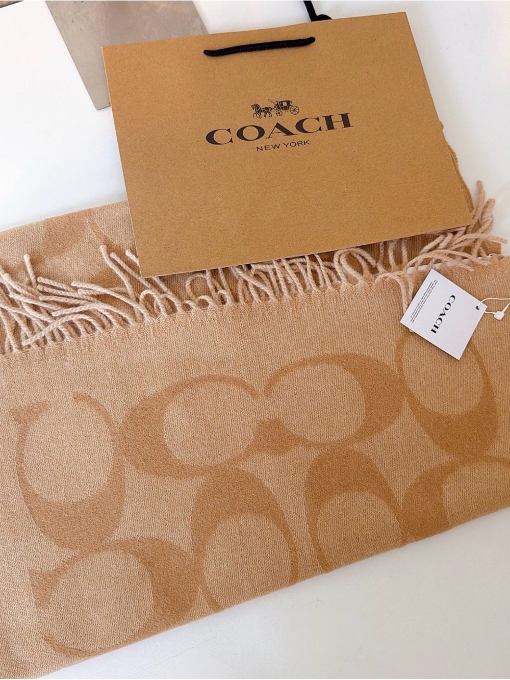 Coach Camel Signature Jacquard Fringe Scarf